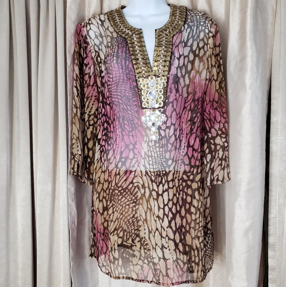 Chico's pink & brown animal print jeweled beaded silk tunic top Womens Medium - Picture 6 of 8